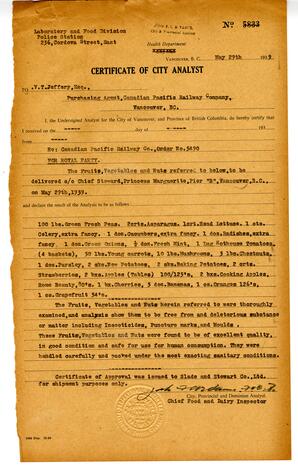 Certificate of City Analyst for Royal Party, no 5833: 29-May-39