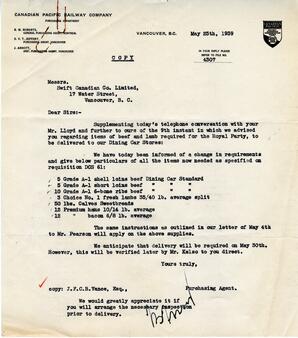 Letter to Swift Canadian Co. from CPR Purchasing Agent: 25-May-39
