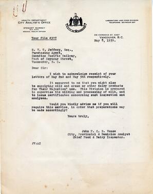 Letter to S.V.T. Jeffrey, Purchasing Agent, CPR from Vance: 08-May-39