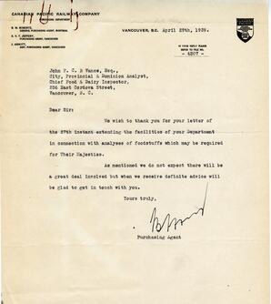 Letter to Vance from S.V.T. Jeffrey, Purchasing Agent, CPR: 29-Apr-39