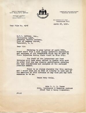 Letter to S.V.T. Jeffrey, Purchasing Agent, CPR from Vance: 27-Apr-39