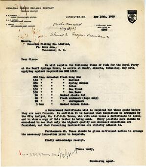 Letter to Canadian Fishing Co. from S.V.T. Jeffrey, Purchasing Agent, CPR: 16-May-39