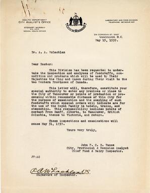 Letter to A.A. McLachlan, Inspector, Laboratory and Food Division from Vance: 19-May-39
