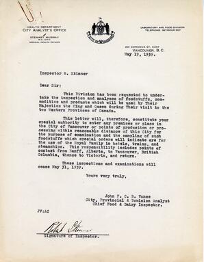 Letter to R. Skinner, Inspector, Laboratory and Food Division from Vance: 19-May-39