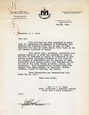 Letter to J.K. Smith, Inspector, Laboratory and Food Division from Vance: 19-May-39