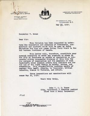 Letter to V. Enman, Inspector, Laboratory and Food Division from Vance: 19-May-39