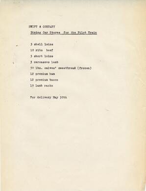 Swift & Company Royal Visit food order: 30-May-39