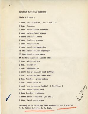 Delivery order list for the Royal Visit: 29-May-39