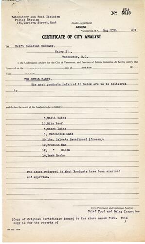 Certificate of City Analyst for Royal Party, no 5819: 27-May-39