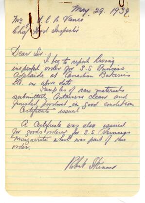 Inspection letter to Vance from R. Skinner, Food Inspector, Health Department: 29-May-39