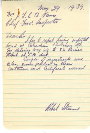 Inspection letter to Vance from R. Skinner, Food Inspector, Health Department: 31-May-39