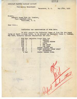 CPR Purchase Order for Royal Visit: 18-May-39