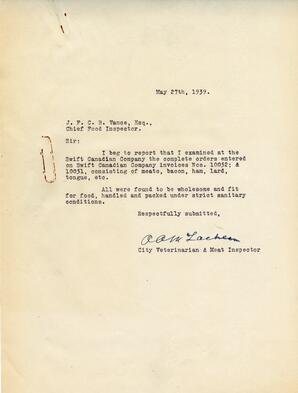 Inspection letter to Vance from A.A.M. Lachlan, City Veterinarian & Meat Inspector: 27-May-39