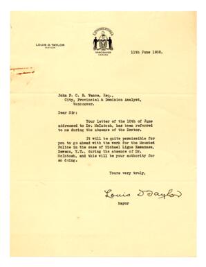 Letter to Vance from Louis Taylor, Mayor, City of Vancouver: 11-Jun-32