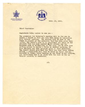 Letter to John Cameron, Chief Constable from "AFA": 12-Oct-33