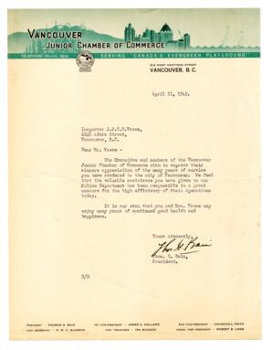 Letter to Vance from Thomas Bain, President, Vancouver Junior Chamber of Commerce: 21-Apr-49