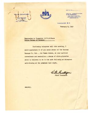 Letter to Vance from W.H. Mulligan, Chief Constable: 08-Feb-49