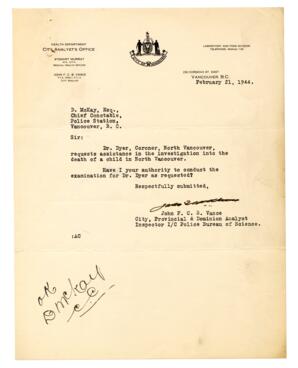 Letter to D. McKay, Chief Constable from Vance: 21-Feb-44