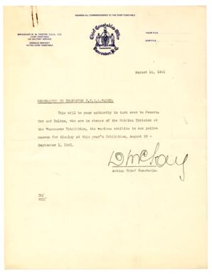 Memo to Vance from D. McKay, Acting Chief Constable: 14-Aug-41