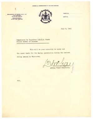 Memo to Vance from D. McKay, Acting Chief Constable: 09-Jul-41