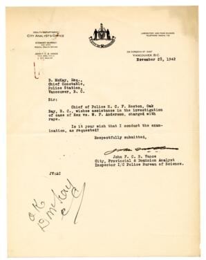 Letter to D. McKay, Chief Constable from Vance: 28-Nov-42