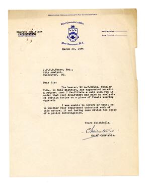 Letter to Vance from Charles Hailston, Chief Constable: 20-Mar-44