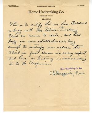 Letter from C.L. Haggard, Home Undertaking Co., Seattle: [19--]