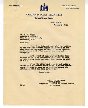Letter to H.H. Duggan, Detective Sergeant from Vance: 03-Jan-35
