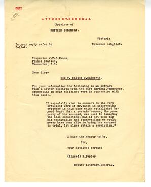 Letter to Vance from E. Pepler, Deputy Attorney-General: 06-Nov-40