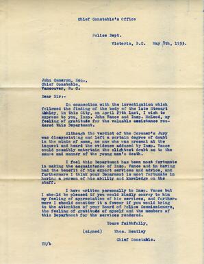 Letter to John Cameron, Chief Constable from Thomas Heatley, Chief Constable, Victoria: 08-May-33