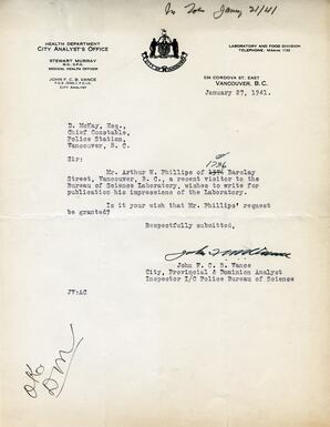 Letter to D. McKay, Chief Constable from Vance: 27-Jan-41