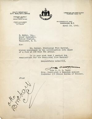 Letter to D. McKay, Chief Constable from Vance: 10-Apr-43