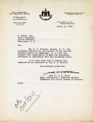 Letter to D. McKay, Chief Constable from Vance: 19-Apr-41