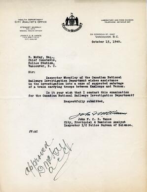 Letter to D. McKay, Chief Constable from Vance: 15-Oct-40