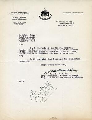 Letter to D. McKay, Chief Constable from Vance: 03-Jan-41