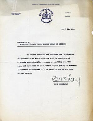 Letter to Vance from D. McKay, Chief Constable: 11-Apr-42