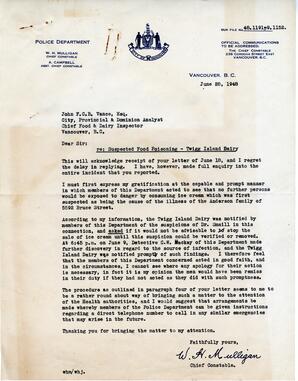 Letter to Vance from W.H. Mulligan, Chief Constable: 28-Jun-48