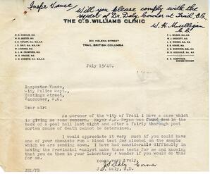 Letter to Vance from J.S. Daly, M.D., Trail, BC: 15-Jul-48