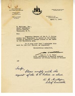Letter to W.H. Mulligan, Chief Constable from Vance: 09-Apr-47