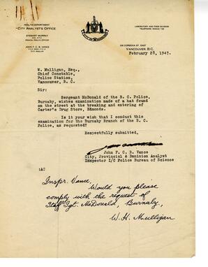 Letter to W.H. Mulligan, Chief Constable from Vance: 28-Feb-47