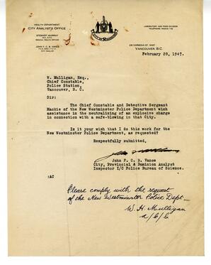Letter to W.H. Mulligan, Chief Constable from Vance: 20-Feb-47