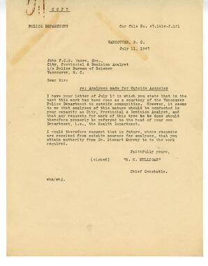 Letter to Vance from W.H. Mulligan, Chief Constable: 11-Jul-47