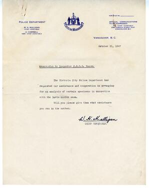 Letter to Vance from W.H. Mulligan, Chief Constable: 21-Oct-47