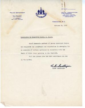 Letter to Vance from W.H. Mulligan, Chief Constable: 21-Oct-47