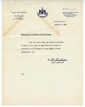 Letter to Vance from W.H. Mulligan, Chief Constable: 08-Jan-48