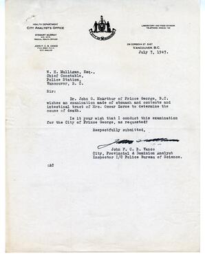 Letter to W.H. Mulligan, Chief Constable from Vance: 07-Jul-47
