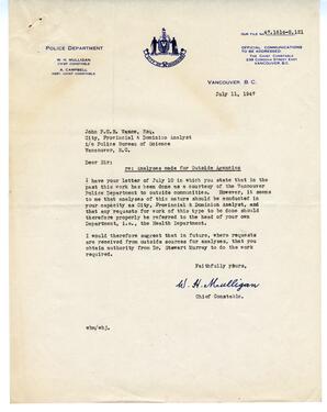 Letter to Vance from W.H. Mulligan, Chief Constable: 11-Jul-47