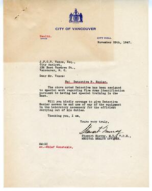 Letter to Vance from Stewart Murrey, Medical Health Officer: 20-Nov-47