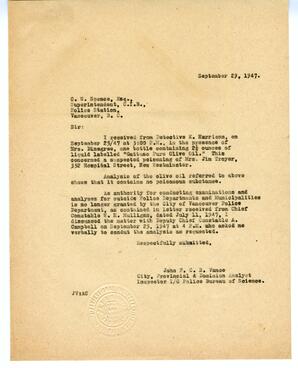 Letter to C.W. Spence, Superintendent C.I.B., Police Station, Vancouver: 29-Sep-47