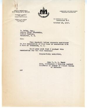 Letter to D. McKay, Acting Chief Constable from Vance: 16-Oct-39